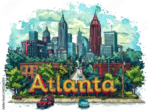Atlanta (Georgia ) city, USA. Touristic Greeting Card, travel poster from Atlanta. Art Vector Illustration