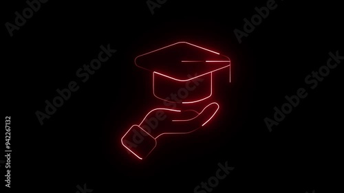 neon line cap and hand red coler   icon isolated red coler  on black background.  photo