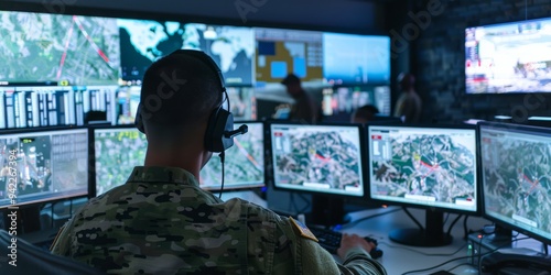 Personnel in a high-tech military operations center, monitoring real-time data