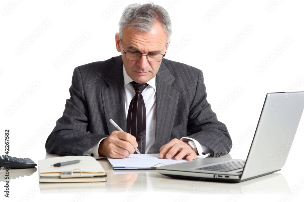 Man working at desk with technology and writing tools, ideal for office or business settings Man working at desk with technology and writing tools, ideal for office or business settings