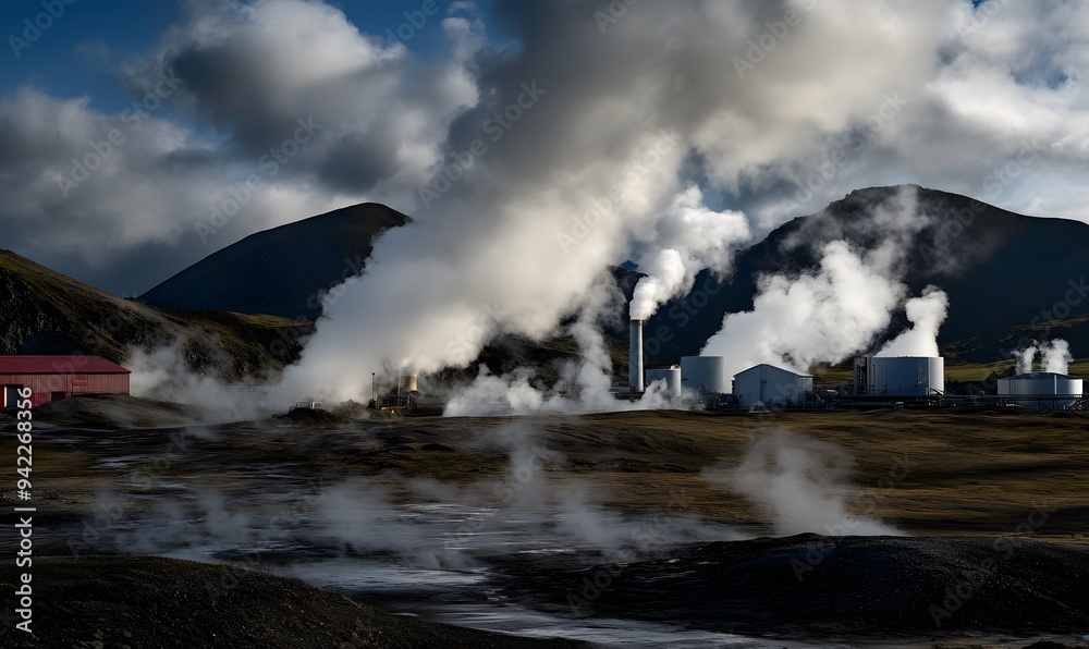 Obraz premium A geothermal power plant with steam rising from the ground.