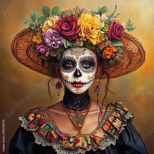 Catrina Face with Floral Details for Day of the Dead