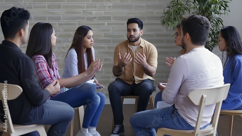 A group of diverse young adults engage in a lively discussion in a casual setting.