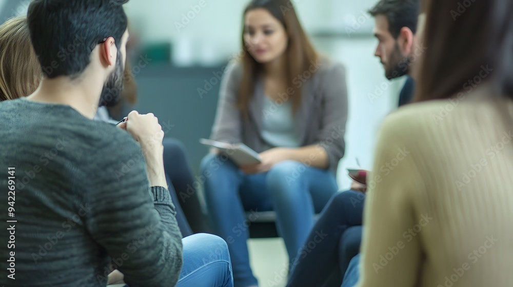 A group of people sit in a circle, focused on a conversation. A group of people sit in a circle, focused on a conversation.