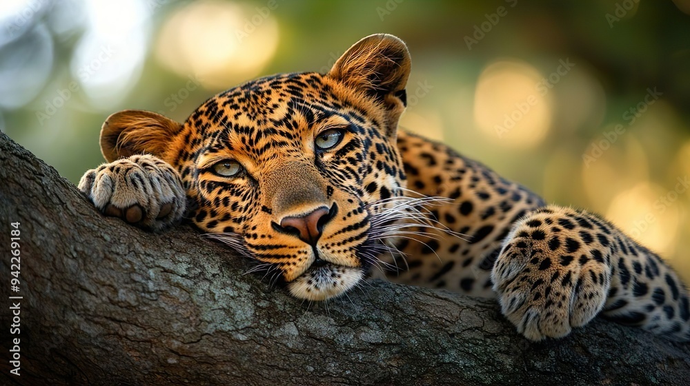 Leopard perched quietly on a tree branch ideal for emphasizing the serene elegance of wild felines Leopard perched quietly on a tree branch ideal for emphasizing the serene elegance of wild felines