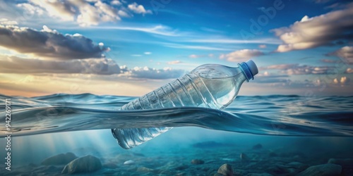 Plastic bottle floating above sea level, symbolizing pollution , plastic, bottle, sea, ocean, pollution, environment, eco photo