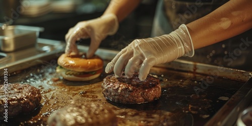 Close up of a Latina woman s hands preparing a hamburger with white gloves on a vintage griddle photo