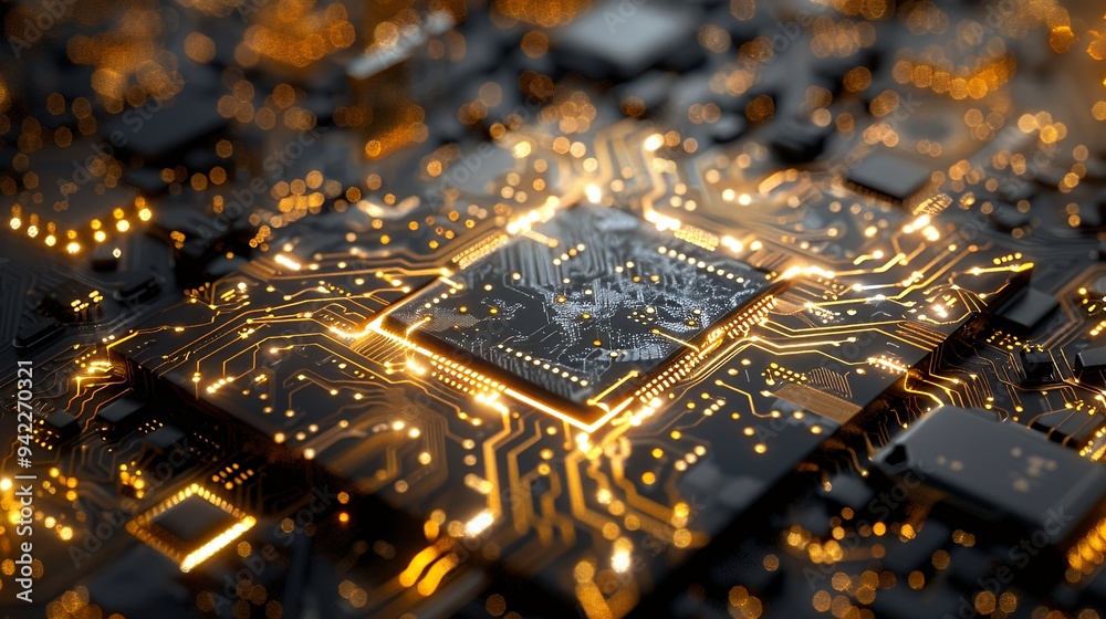 A close-up view of a circuit board with glowing elements, showcasing technology and design. A close-up view of a circuit board with glowing elements, showcasing technology and design.