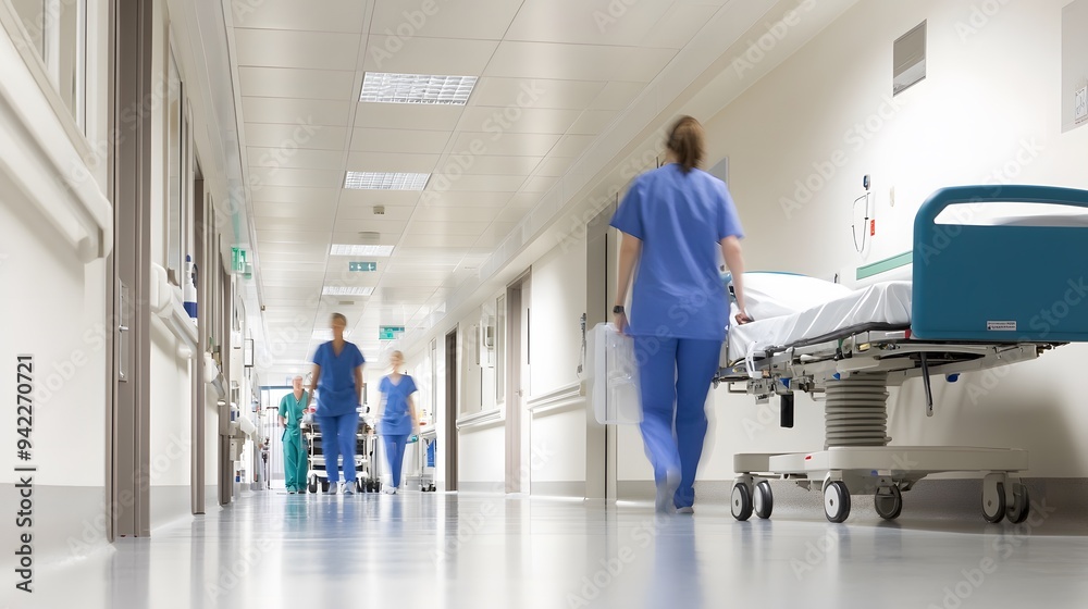 A female nurse pushes a hospital bed down a sterile hallway. A female nurse pushes a hospital bed down a sterile hallway.