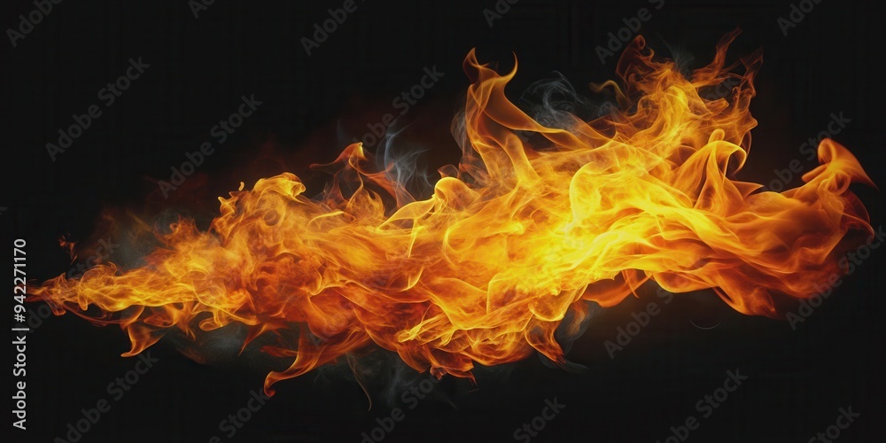 Fiery abstract flame on black background with bright orange and yellow colors, representing heat, danger, and energy, feuer