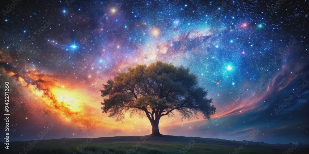 Magic tree at night with stars, nebula and galaxies in the background, Magic, tree, night, stars, nebula, galaxies, fantasy Magic tree at night with stars, nebula and galaxies in the background, Magic, tree, night, stars, nebula, galaxies, fantasy