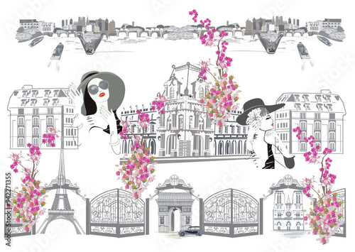 Series of backgrounds with french architecture decorated with flowers, beautiful girls in Paris and street cafes. Hand drawn vector illustration.