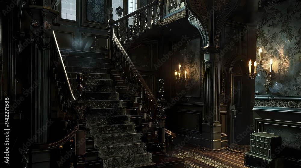 Obraz premium A dark and mysterious staircase in a grand mansion, lit by candlelight.
