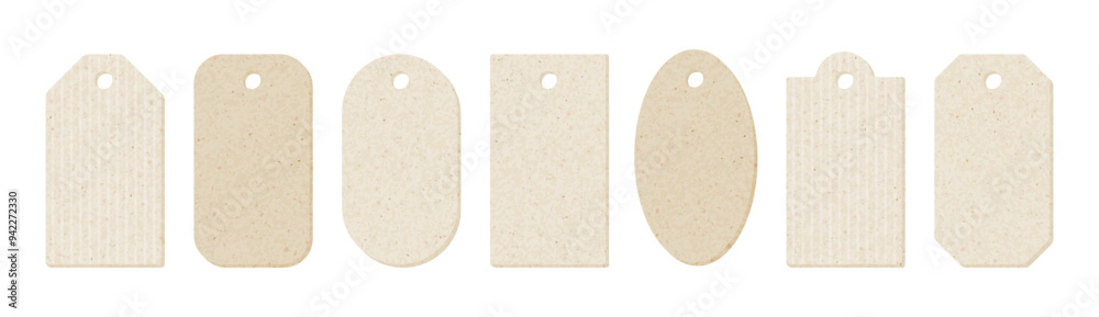 Craft paper tags for gift. Blank price labels from kraft paper. Vintage clothes tags with old carton texture isolated on white background. Empty cardboard labels different shapes, vector illustration