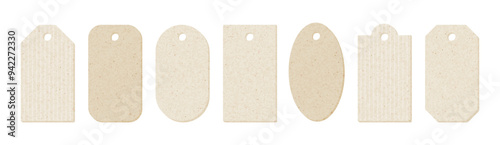 Craft paper tags for gift. Blank price labels from kraft paper. Vintage clothes tags with old carton texture isolated on white background. Empty cardboard labels different shapes, vector illustration