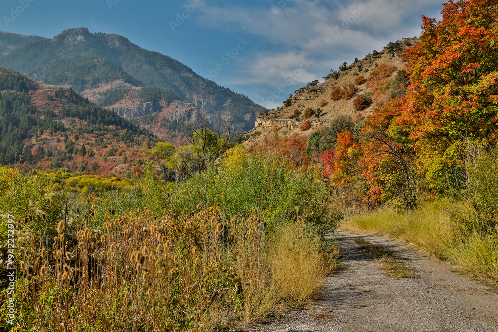 USA, Utah, Highway 89 Logan area in autumn colors with the canyon maple and gravel track USA, Utah, Highway 89 Logan area in autumn colors with the canyon maple and gravel track