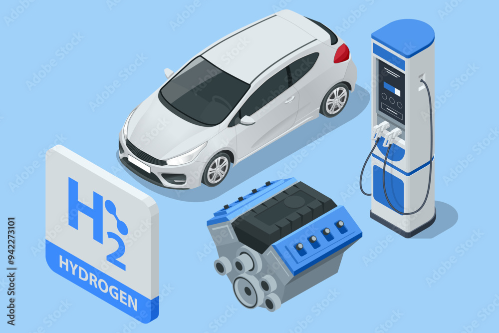 Isometric Hydrogen car schematic showing renewable H2 power source. Labeled diagram highlighting motor, battery, and PCU components for eco-friendly transport Isometric Hydrogen car schematic showing renewable H2 power source. Labeled diagram highlighting motor, battery, and PCU components for eco-friendly transport