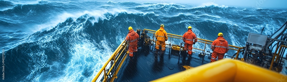 Workers in safety gear observe turbulent ocean waves from a vessel. Workers in safety gear observe turbulent ocean waves from a vessel.