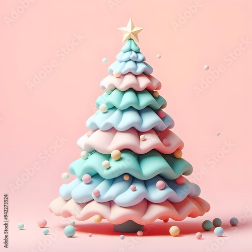 3D Christmas Tree - Isolated on Pastel Background