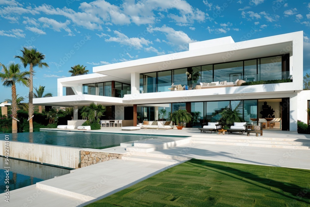 Fototapeta premium A large white house with a pool in the front yard, perfect for family gatherings or outdoor parties