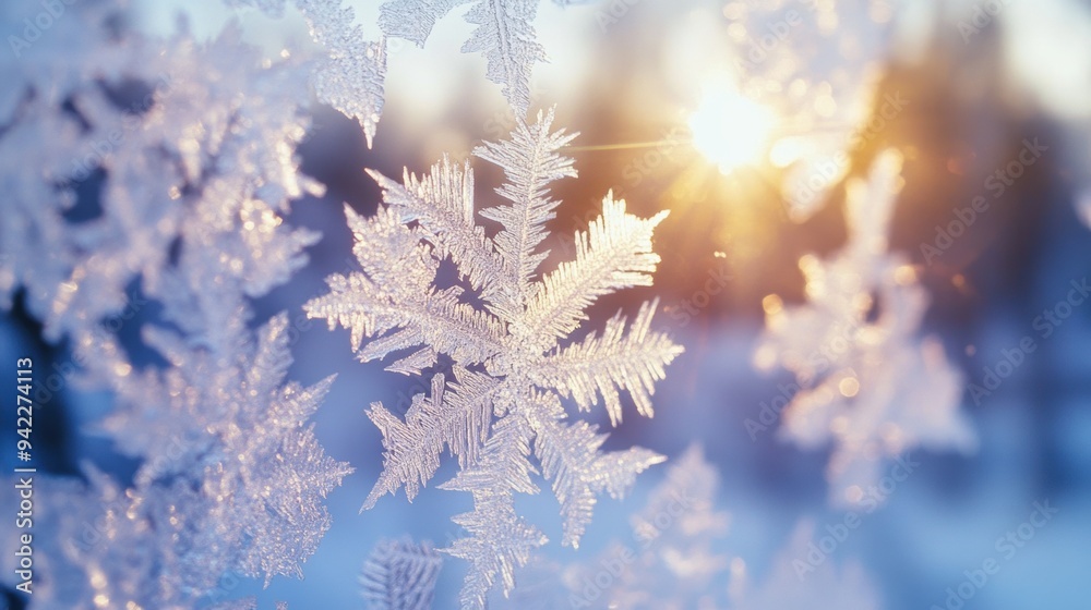 A close up of a snowflake on the window with sun shining through, AI A close up of a snowflake on the window with sun shining through, AI
