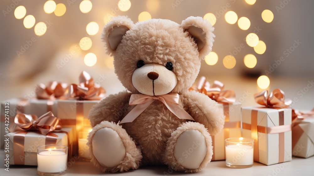 illustration of soft teddy bear toy placed on floor near christmas gifts in light room at home against blurred balloons illustration of soft teddy bear toy placed on floor near christmas gifts in light room at home against blurred balloons