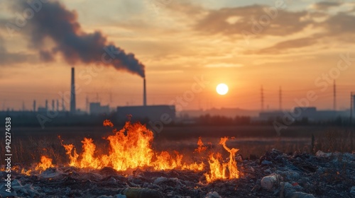 Burning garbage in a foggy park at twilight, with the sun setting behind thick mist.