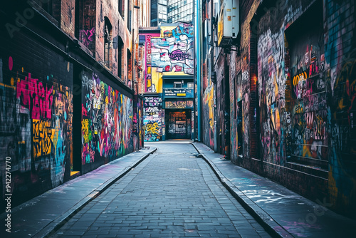 Navigate an Alley Adorned with Vibrant Street Art Through an Urban Landscape