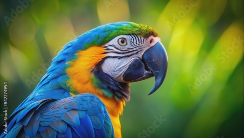Colorful parrot with a blue and yellow beak , vibrant, tropical, bird, feathers, exotic, colorful, plumage, wildlife, nature, parrot