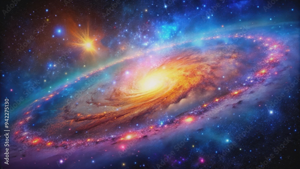 A beautiful stock photo of a galaxy with vibrant colors and shining stars, space, universe, astronomy, celestial, infinite