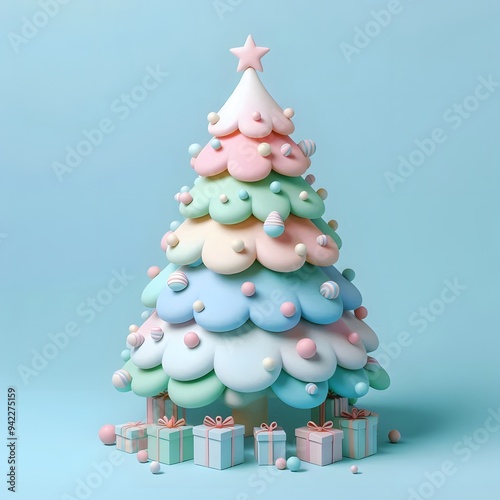 3D Christmas Tree - Isolated on Blue Pastel Background