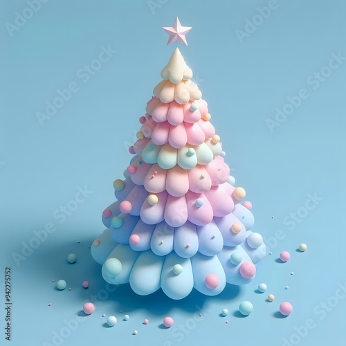 3D Christmas Tree - Isolated on Blue Pastel Background