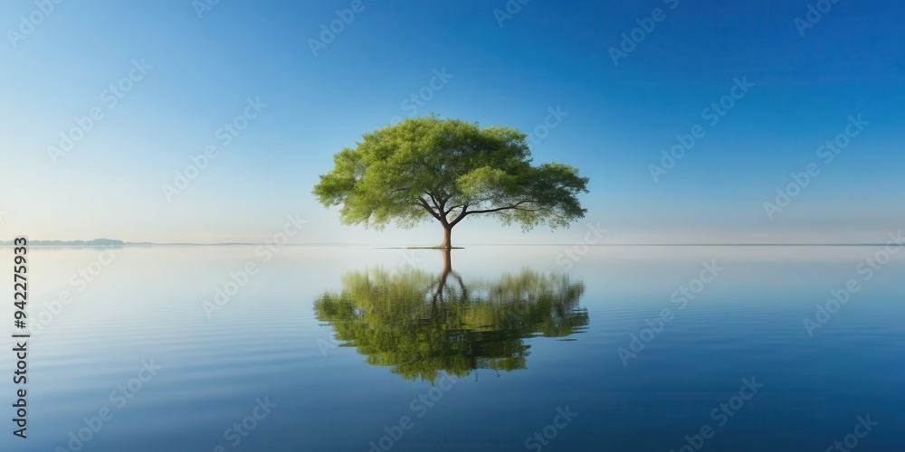 Solitary tree reflecting in calm water, solitude, serenity, peaceful, tranquil, nature, tree, reflection, water, lake Solitary tree reflecting in calm water, solitude, serenity, peaceful, tranquil, nature, tree, reflection, water, lake