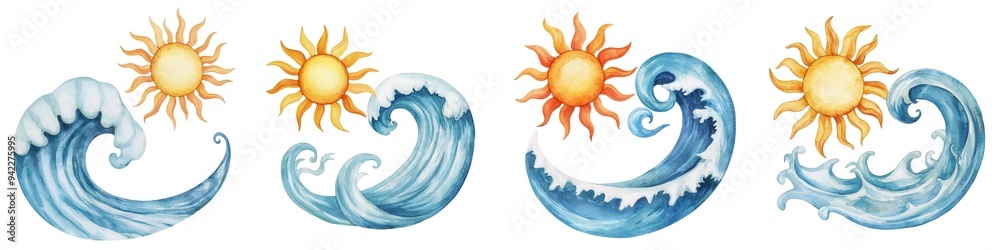 Naklejka premium Colorful watercolor waves and sun illustrations, perfect for summer themes and beach-related designs.