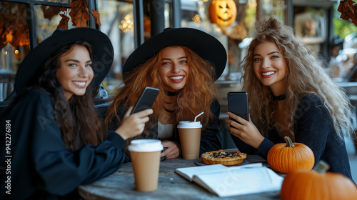 Halloween witches enjoying coffee in autumn café