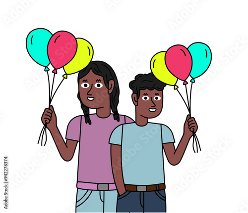 black children with balloons, birthday concept.eps