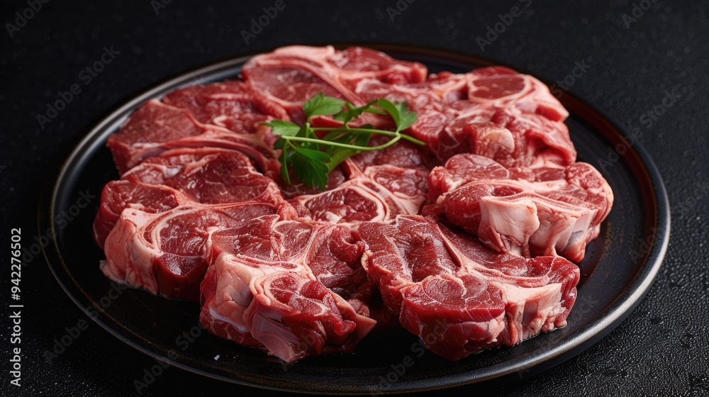 A plate of raw meat served on a dark-colored table A plate of raw meat served on a dark-colored table