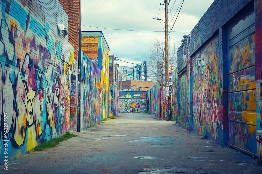 Naklejka premium Immerse in Urban Culture at a Graffiti Alley with Street Art Tours and Mural Exhibits
