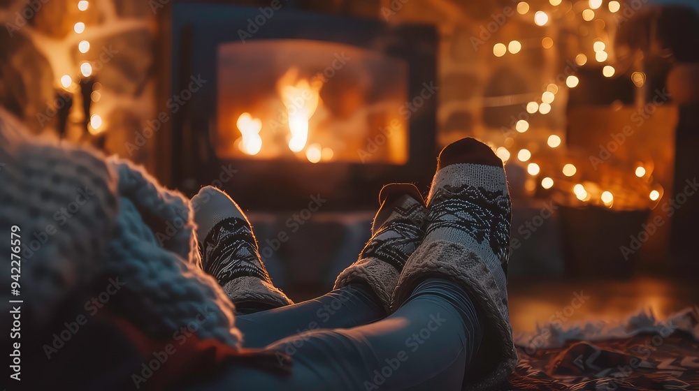 Couple's feet by the fireplace on a cozy evening. Couple's feet by the fireplace on a cozy evening.