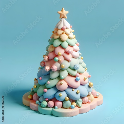 3D Christmas Tree - Isolated on Blue Pastel Background
