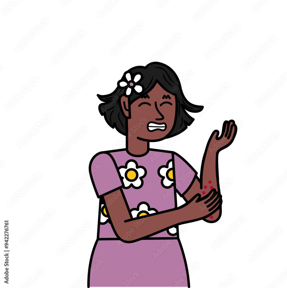 black girl with allergy scratching her hand.eps black girl with allergy scratching her hand.eps