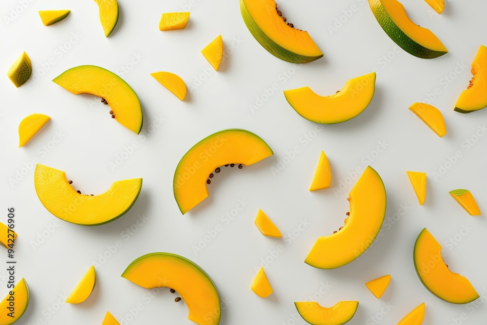 Vibrant Mango Slices in Midair on Clean White Background Vibrant Mango Slices in Midair on Clean White Background