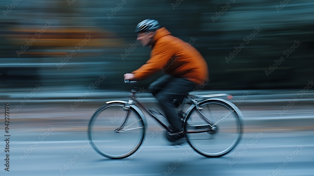 Fototapeta premium A person cycling quickly on a blurred road, showcasing motion and speed.