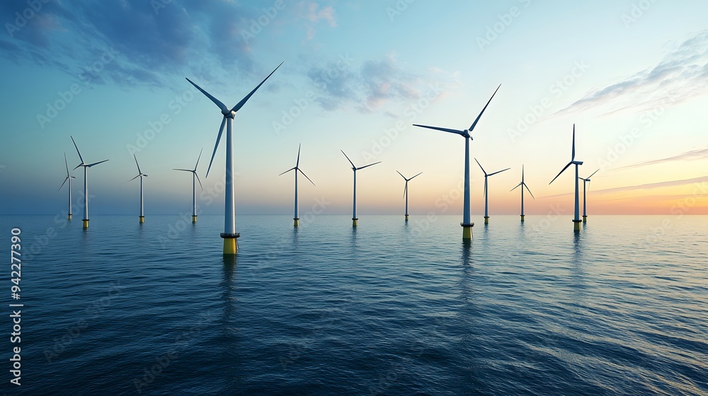 Wind turbines stand tall in the ocean at sunset, harnessing the power of nature. Wind turbines stand tall in the ocean at sunset, harnessing the power of nature.