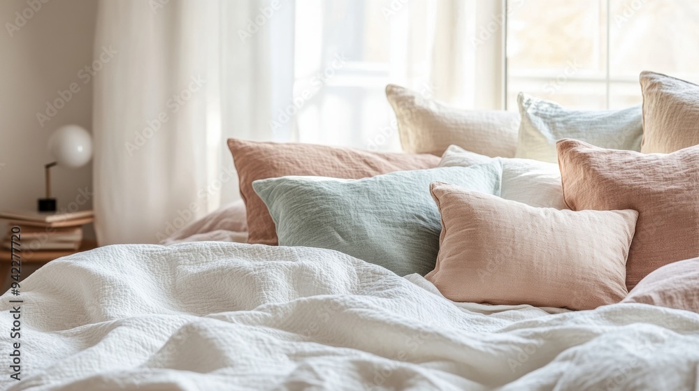 A bed with a lot of pillows and blankets on it, AI A bed with a lot of pillows and blankets on it, AI