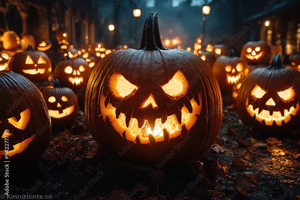 Walking Through a Dark Cave, Candles Set Up Inside and the Pumpkin Glows on Halloween Night. Traditional Halloween Symbol Walking Through a Dark Cave, Candles Set Up Inside and the Pumpkin Glows on Halloween Night. Traditional Halloween Symbol