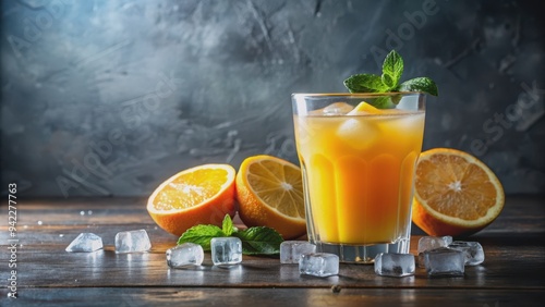 Refreshing glass of freshly squeezed juice with ice cubes, cold, drink, beverage, healthy, fruity, citrus, vitamin