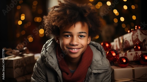 image of a cheerful African American boy with a bright smile, leaning on a pile of wrapped Christmas gifts, with a festive tree and lights in the background