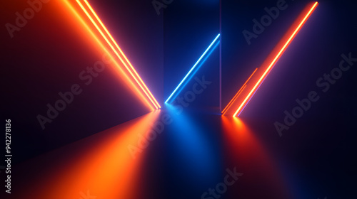 3d render, abstract minimal neon background with glowing lines. Dark wall illuminated with led lamps. Blue orange wallpaper