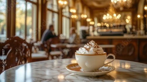 A charming Viennese café features coffee with whipped cream, vintage decor, and a warm atmosphere.